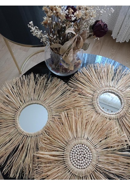 Bohem Dekoratif Üçlü Bohem Ayna Seti Rafya Ayna Hasır Pano Duvar Süsü El Yapımı Ayna Ev Çocuk Bebek fırsatları