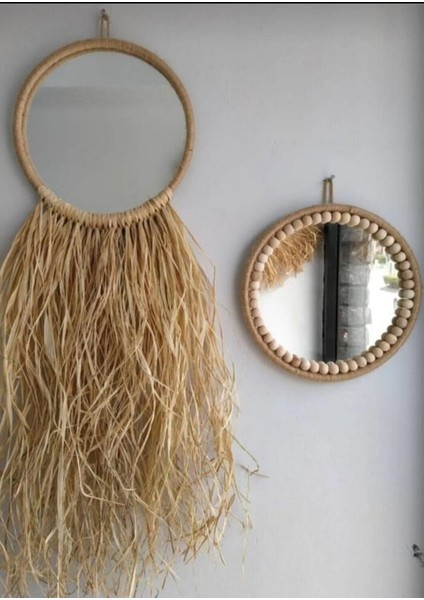 Bohem Dekoratif Üçlü Bohem Ayna Seti Rafya Ayna Hasır Pano Duvar Süsü El Yapımı Ayna Ev Çocuk Bebek