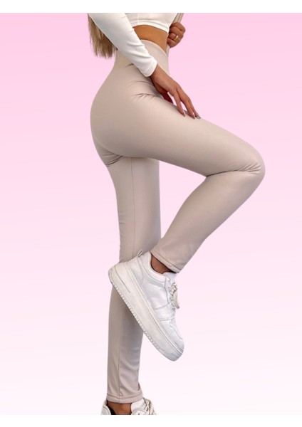 Toparlayıcı Polarlı Kışlık Deri Tayt Taba Belden Kaymaz Yüksek Bel