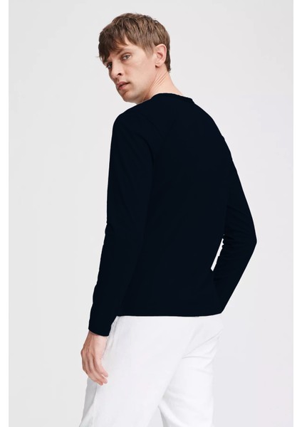 Erkek Lacivert Basic Bisiklet Yaka Uzun Kollu T-Shirt %100 Pamuk Sweatshirt