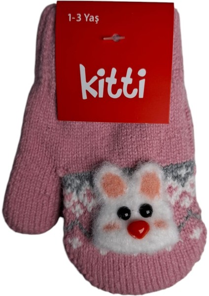Spteks Kitti 1-3 Yaş Bebe Şeker Pembe Renk Maskotlu Örme Eldiven