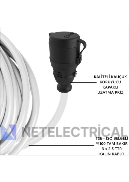 Kauçuk Tekli Seyyar Uzatma Kablosu - 3x2.5 Ttr Kalın Kablo Beyaz - 95 Metre (Elektrikli Araç Şarjı ve Karavan İçi Kullanım)