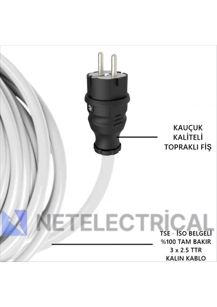 Kauçuk Tekli Seyyar Uzatma Kablosu - 3x2.5 Ttr Kalın Kablo Beyaz - 95 Metre (Elektrikli Araç Şarjı ve Karavan İçi Kullanım)