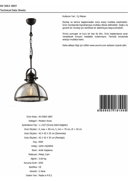 AV-5063-1BSY Siyah Boyalı Modern Avize E27 Metal Cam 30cm modelleri