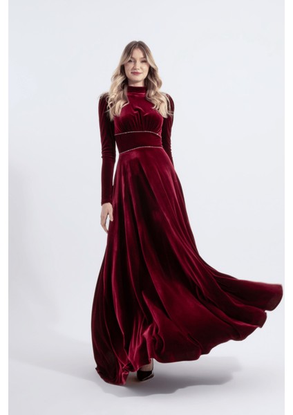 Nun | Kristal Taşlı Şeritli Maxi Kadife Söz Nişan Elbisesi - Bordo