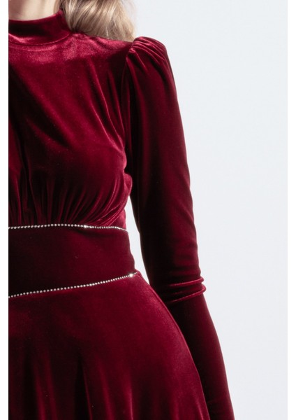 Nun | Kristal Taşlı Şeritli Maxi Kadife Söz Nişan Elbisesi - Bordo fiyatları
