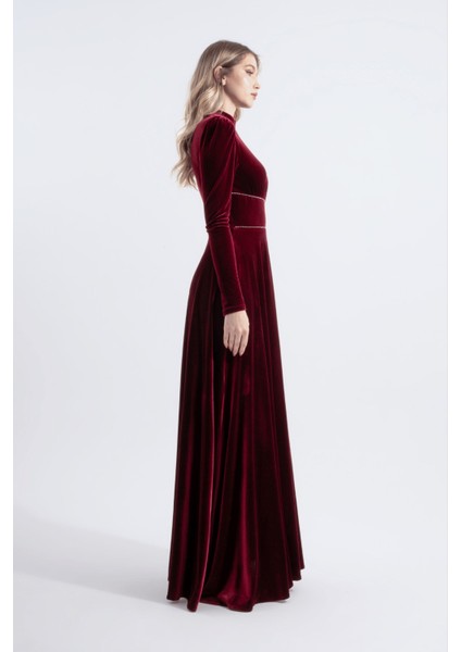 Nun | Kristal Taşlı Şeritli Maxi Kadife Söz Nişan Elbisesi - Bordo modelleri