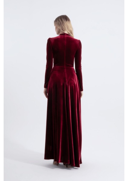 Nun | Kristal Taşlı Şeritli Maxi Kadife Söz Nişan Elbisesi - Bordo fırsatları