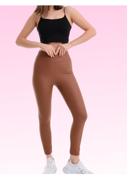 Toparlayıcı Polarlı Kışlık Deri Tayt Taba Belden Kaymaz Yüksek Bel