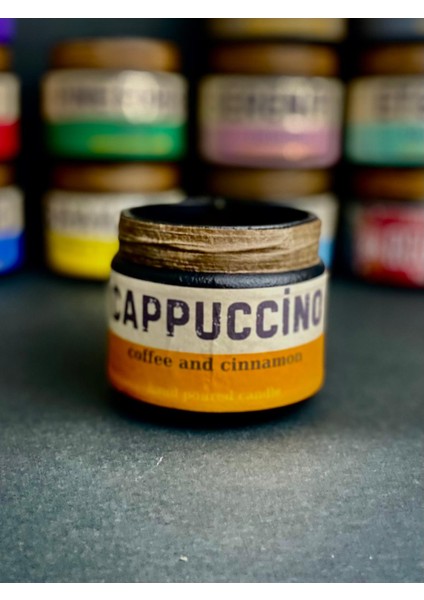 Cappuccino: Özel Tasarım Kavanoz Kahve ve Tarçın Kokulu Mum, 250 gr Doğal Vegan Soya Wax Mumu.