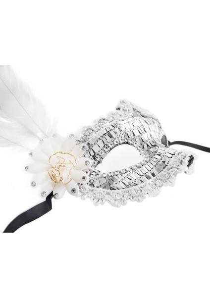 Beyaz Gümüş Tüylü Parti Maskesi fiyatları