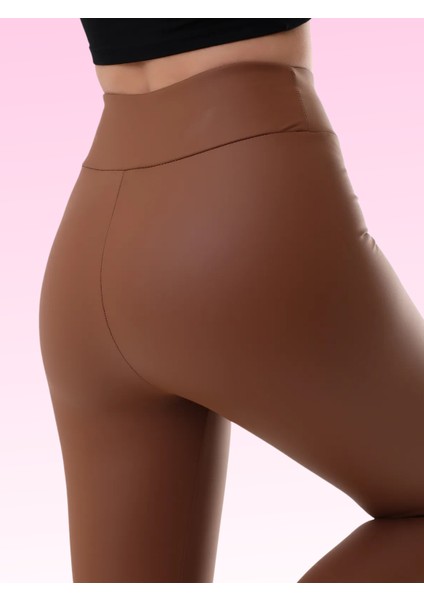 Toparlayıcı Polarlı Kışlık Deri Tayt Taba Belden Kaymaz Yüksek Bel