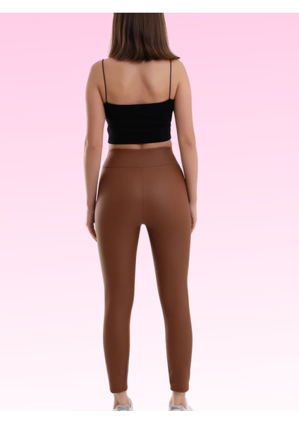 Toparlayıcı Polarlı Kışlık Deri Tayt Taba Belden Kaymaz Yüksek Bel modelleri