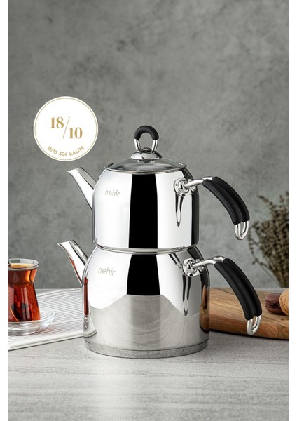 Paslanmaz Çelik Modern Mini Küçük Boy 0.8-1.6 Lt. Paslanmaz Çelik Çaydanlık Takımı Tr Beyaz 2400 ml