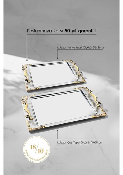 Tekno Trust 36 x 27 Lalezar 2'li Altın Saten Çelik Tepsi Seti - Gümüş - Paslanmaz Çelik