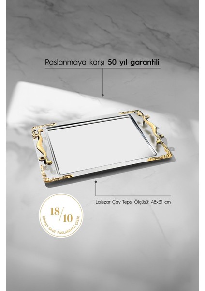 Tekno Trust Paslanmaz Çelik - Lalezar Altın - Sade Çelik Çay Tepsi - Altın - 48 x 33