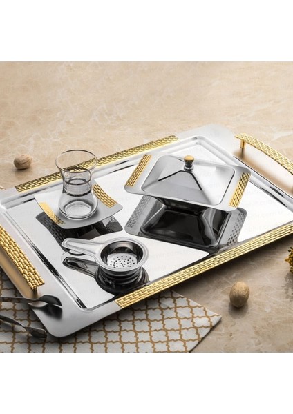Tekno Trust Beyaz Sırma Altın Paslanmaz Çelik Tepsi - Çay Tepsisi - Servis Tepsisi - Metal - 1 Parça - 46 x 30