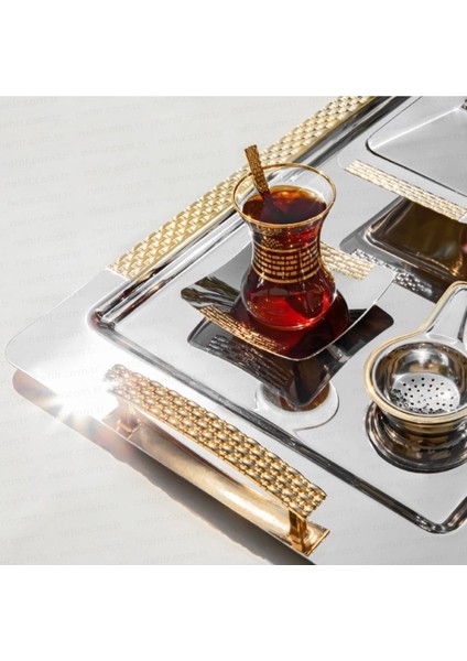 Tekno Trust Beyaz Sırma Altın Paslanmaz Çelik Tepsi - Çay Tepsisi - Servis Tepsisi - Metal - 1 Parça - 46 x 30 modelleri