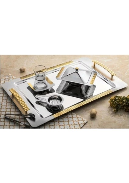 Tekno Trust Beyaz Sırma Altın Paslanmaz Çelik Tepsi - Çay Tepsisi - Servis Tepsisi - Metal - 1 Parça - 46 x 30 fırsatları