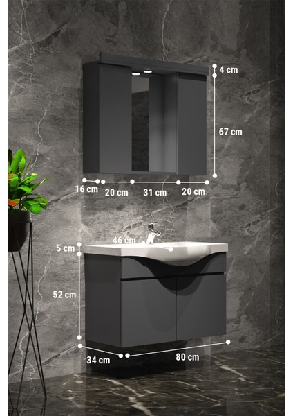 Yıldız Banyo Dolabı Takımı 80CM Asma Komple Antrasit Gri Mat Renkli fırsatları