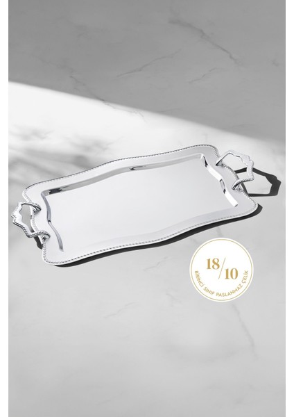 Tekno Trust 48 x 33 - Zincir Saten Çelik Çay Tepsi - Lacivert - Paslanmaz Çelik