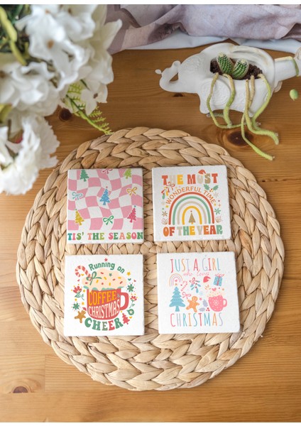 Arslart Atölye Yılbaşı Temalı Renkli Alıntılar Bardak Altlığı 4’lü Set Doğal Taş Traverten (10X10 Cm)