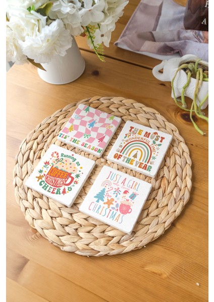 Arslart Atölye Yılbaşı Temalı Renkli Alıntılar Bardak Altlığı 4’lü Set Doğal Taş Traverten (10X10 Cm)