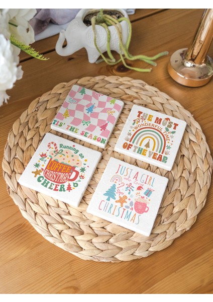 Arslart Atölye Yılbaşı Temalı Renkli Alıntılar Bardak Altlığı 4’lü Set Doğal Taş Traverten (10X10 Cm)