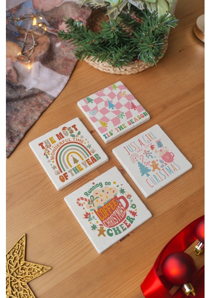 Arslart Atölye Yılbaşı Temalı Renkli Alıntılar Bardak Altlığı 4’lü Set Doğal Taş Traverten (10X10 Cm)