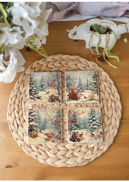 Arslart Atölye Kış Manzarası Kuş Temalı Bardak Altlığı 4’lü Set Doğal Taş Traverten (10X10 Cm)