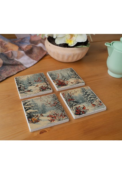 Arslart Atölye Kış Manzarası Kuş Temalı Bardak Altlığı 4’lü Set Doğal Taş Traverten (10X10 Cm) fiyatları