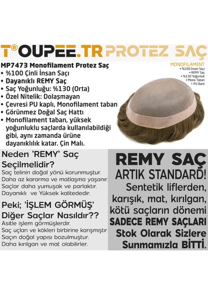 MP7473 Monofilament Protez Saç - Erkekler İçin Protez Saç - Toupee For Men - Doğal Dalgalı İnsan Saçı - Remy Saç - %130 Saç Yoğunluklu Saç Değiştirme Sistemi