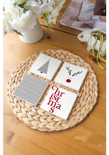 Arslart Atölye “minimalist Yılbaşı” Temalı Bardak Altlığı 4’lü Set Doğal Taş Traverten (10X10 Cm)