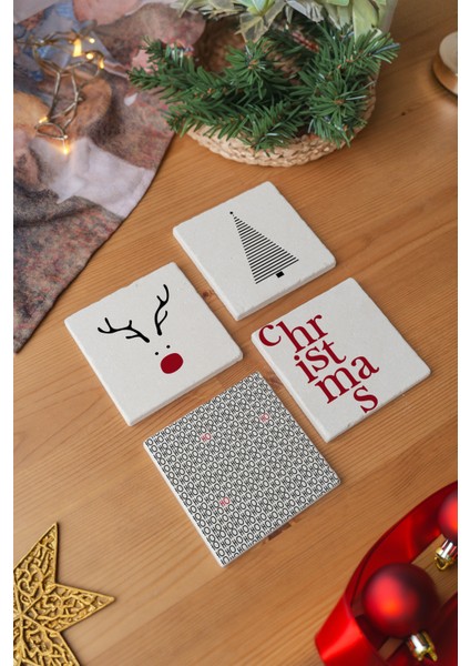 Arslart Atölye “minimalist Yılbaşı” Temalı Bardak Altlığı 4’lü Set Doğal Taş Traverten (10X10 Cm)