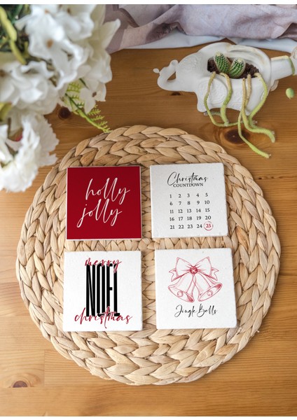 Arslart Atölye “holly Jolly” Yılbaşı Temalı Bardak Altlığı 4’lü Set Doğal Taş Traverten (10X10 Cm)