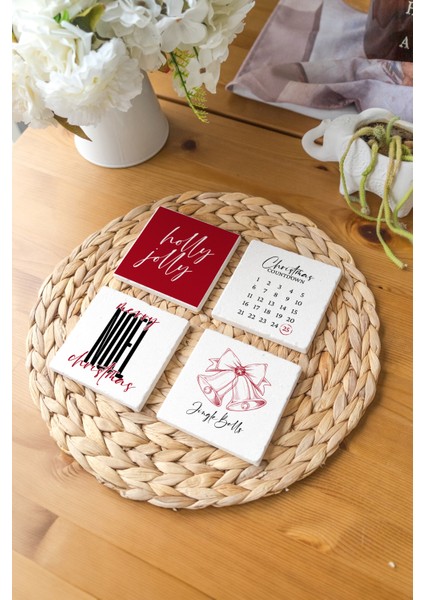 Arslart Atölye “holly Jolly” Yılbaşı Temalı Bardak Altlığı 4’lü Set Doğal Taş Traverten (10X10 Cm)