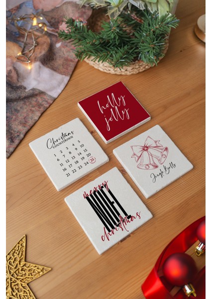 Arslart Atölye “holly Jolly” Yılbaşı Temalı Bardak Altlığı 4’lü Set Doğal Taş Traverten (10X10 Cm)