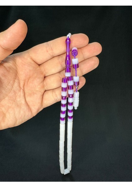 Mor Beyaz Geçişli Toz Kehribar Tesbih Kesme Kesim 11MMX7MM T-693
