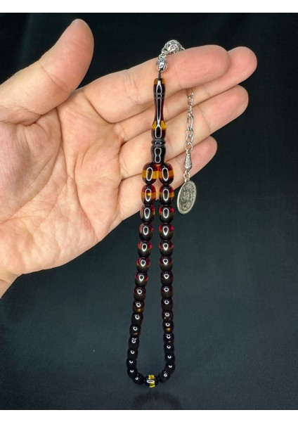 Toz Kehribar Tesbih Bordo Sarı Sürmeli Beyzi Kesim 12,5mmx8,5mm T-696