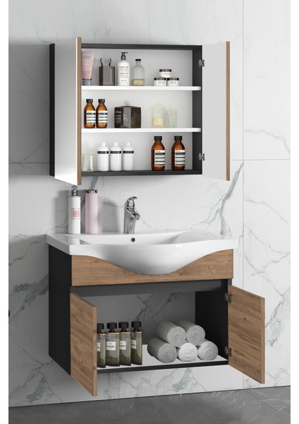 Yıldız 80+35 cm Antrasit Gri Mat-Atlantik Çam Mdf Seramik Lavabolu Asma Banyo Dolabı Takımı modelleri