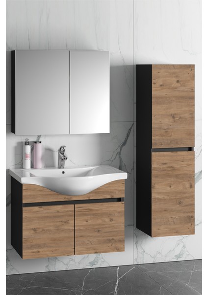 Yıldız 80+35 cm Antrasit Gri Mat-Atlantik Çam Mdf Seramik Lavabolu Asma Banyo Dolabı Takımı