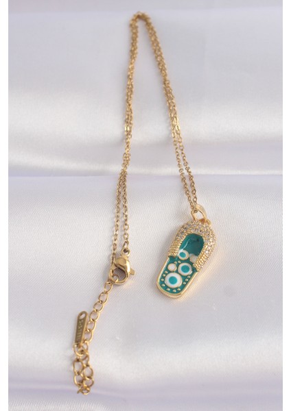 316L Çelik Zincir Zirkon Taşlı Altın Renk Nazarlı Terlik Tasarımlı Kolye fiyatları