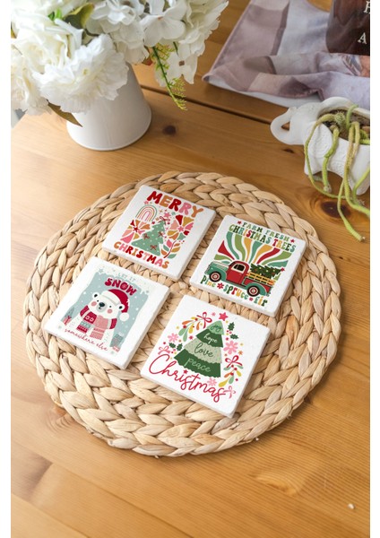 Arslart Atölye “merry Christmas ve Let It Snow” Temalı Bardak Altlığı 4’lü Set Doğal Taş Traverten (10X10 Cm)