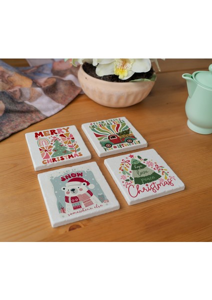 Arslart Atölye “merry Christmas ve Let It Snow” Temalı Bardak Altlığı 4’lü Set Doğal Taş Traverten (10X10 Cm)
