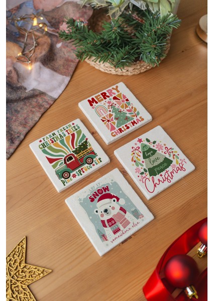 Arslart Atölye “merry Christmas ve Let It Snow” Temalı Bardak Altlığı 4’lü Set Doğal Taş Traverten (10X10 Cm)