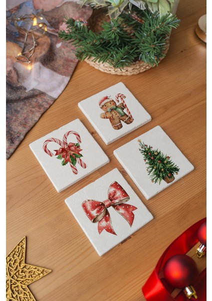 Arslart Atölye “gingerbread ve Şeker Kamışı” Temalı Bardak Altlığı 4’lü Set Doğal Taş Traverten (10X10 Cm) modelleri