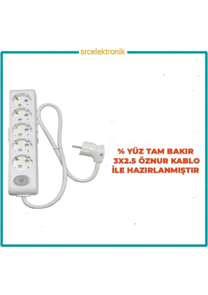Multi-Let 5 Li 3x2.5 Öznur Kablo Tam Bakır (1 ile 15 Metre Arası) Anahtarlı Topraklı Çocuk Korumalı Uzatma Grup Priz ( 3x2.5 Ttr Öznur Kablo Tam Bakır) Ttr Kablo Tseli HO5VV;