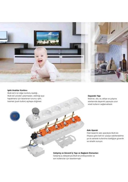 Multi-Let 5 Li 3x2.5 Öznur Kablo Tam Bakır (18 ile 40 Metre Arası) Anahtarlı Topraklı Çocuk Korumalı Uzatma Grup Priz ( 3x2.5 Ttr Öznur Kablo Tam Bakır) Ttr Kablo fiyatları