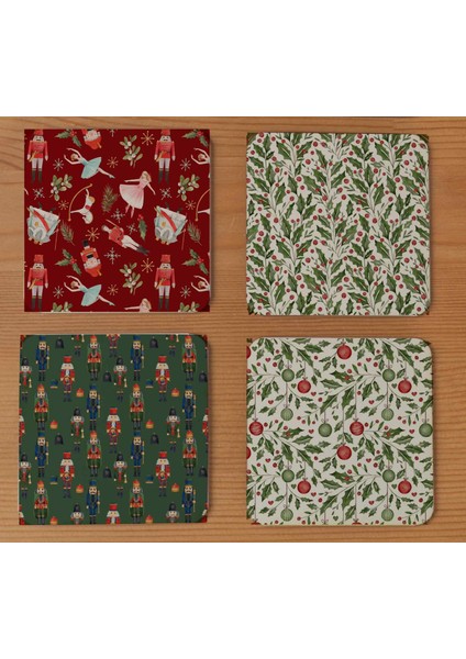 Arslart Atölye “fındıkkıran ve Yılbaşı Süslemeleri” Temalı Bardak Altlığı 4’lü Set Ahşap (10X10 Cm)