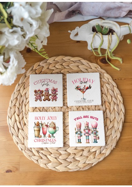 Arslart Atölye “christmas Girly” Temalı Bardak Altlığı 4’lü Set Doğal Taş Traverten (10X10 Cm)